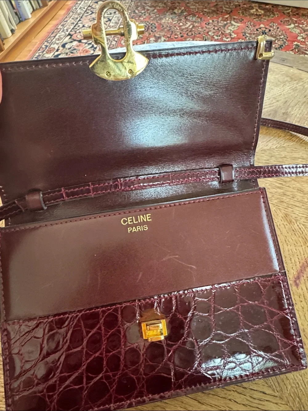 CELINE Vintage Front Lock Shoulder Bag Purse Croc Embossed Bordeaux Leather